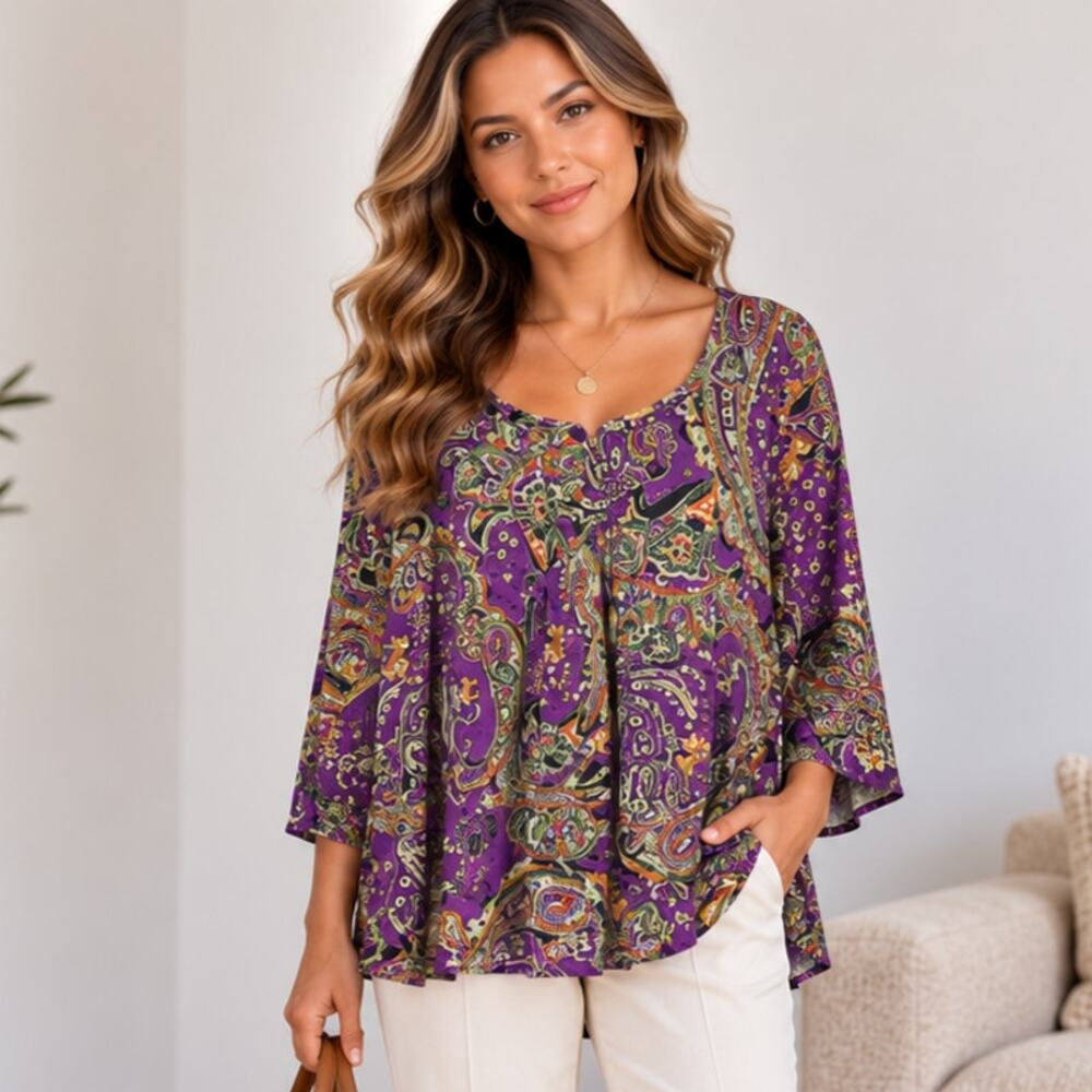 Susan Graver Liquid Knit Blouse Women's Size L Purple Paisley Boho Office Casual